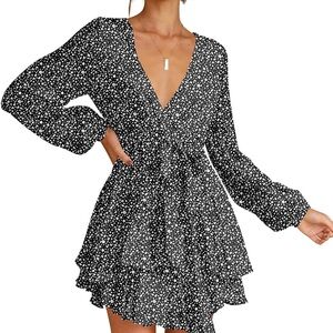 V-Neck, Tie Waist, Mini, Long Sleeve Dress